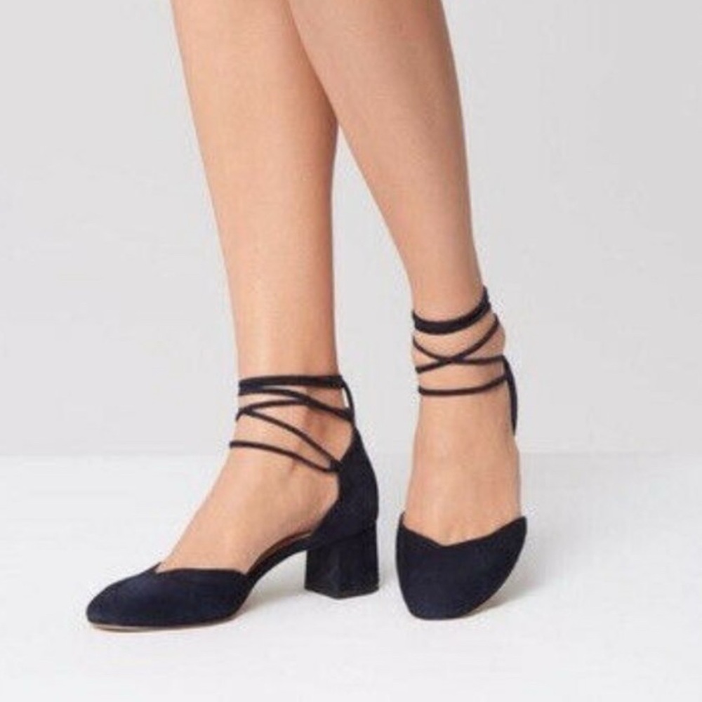 LK Bennett Lali Lace-Up Pumps – Navy Suede Pointed Toe Heels – Size 36 (US 6)